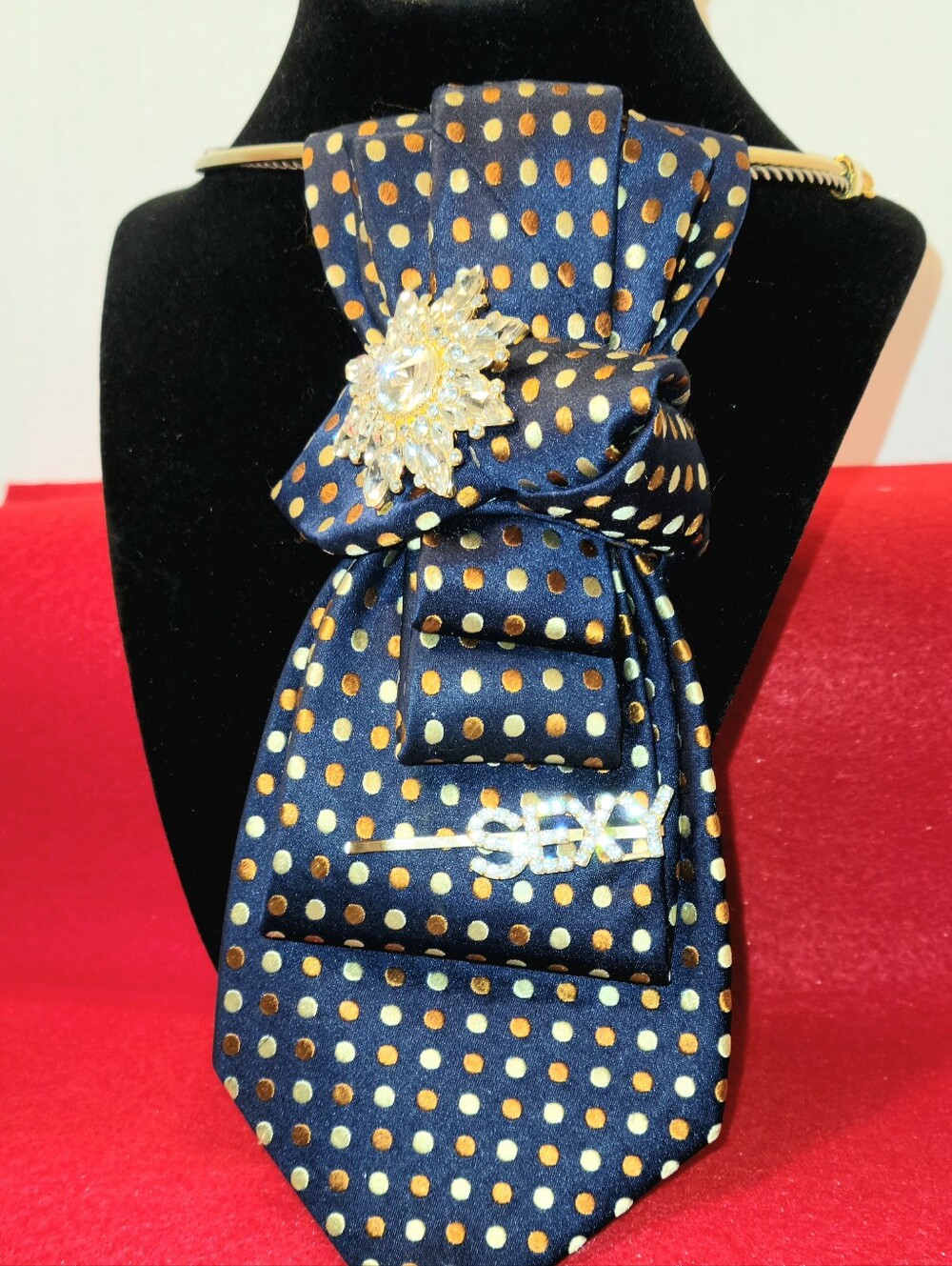 Polka Dot Satin Neck Tie with Brooch - Navy & Gold
